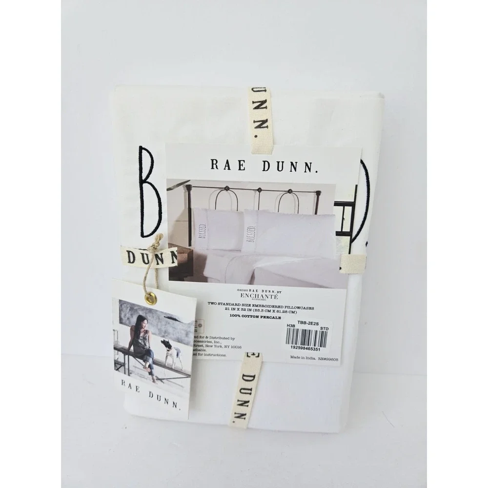New Rae Dunn BLESSED White‎ Cotton Percale Standard Pillowcases set of 2